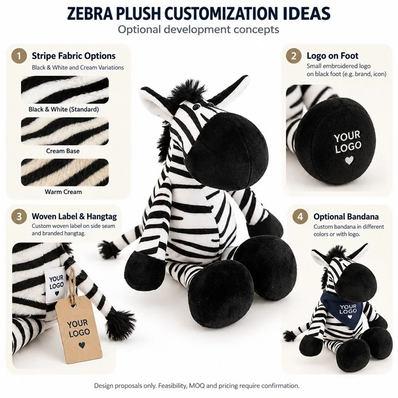 Customer-logo placement concept for big muzzle zebra plush; proposed label or hangtag options require sample approval.