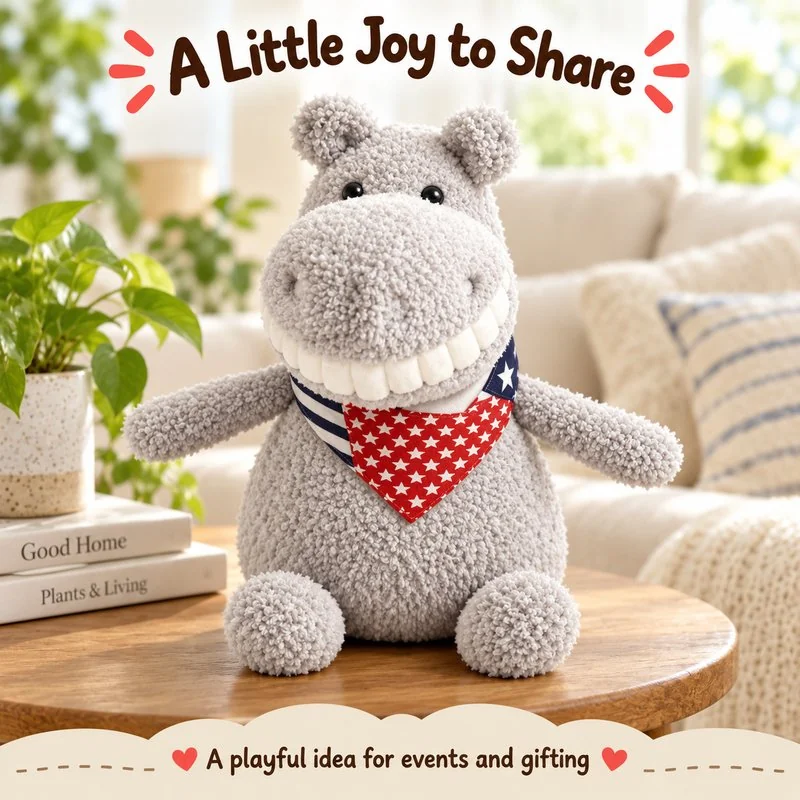 Illustrative application scene featuring big smile bandana hippo plush; setting is a concept.