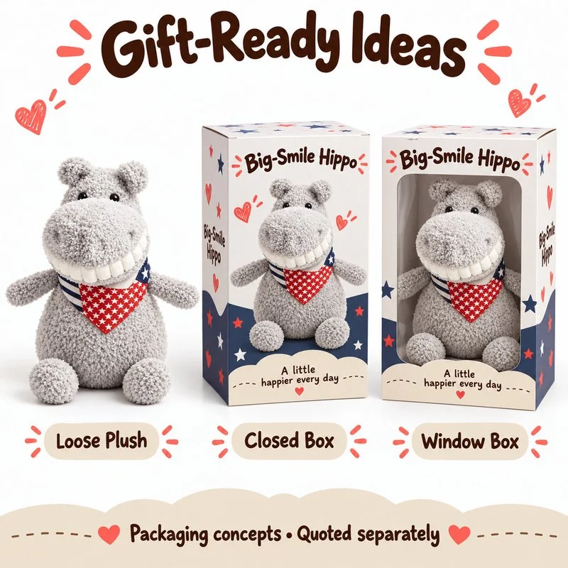 Big Smile Bandana Hippo Plush — optional packaging concept; final artwork, fit and quotation require confirmation.