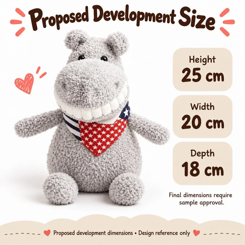 Big Smile Bandana Hippo Plush — proposed size reference; dimensions require sample confirmation.