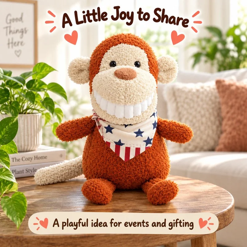 Illustrative application scene featuring big smile bandana monkey plush; setting is a concept.