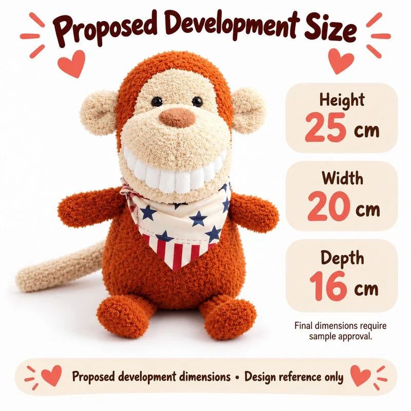 Big Smile Bandana Monkey Plush — proposed size reference; dimensions require sample confirmation.