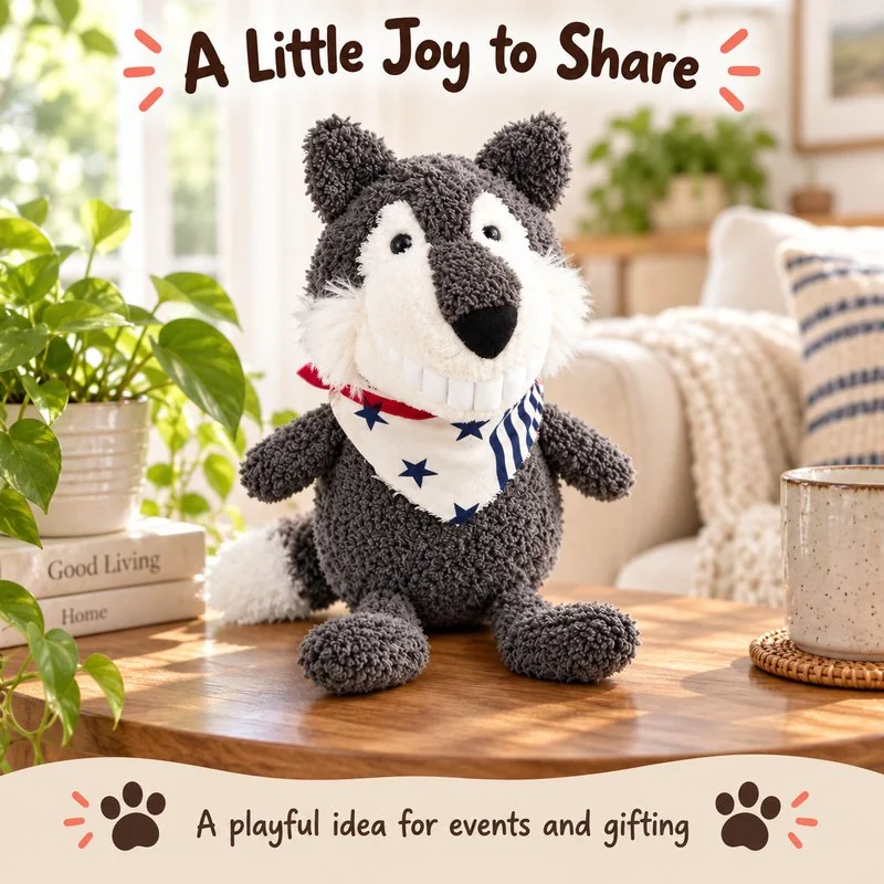 Illustrative application scene featuring big smile gray wolf plush; setting is a concept.