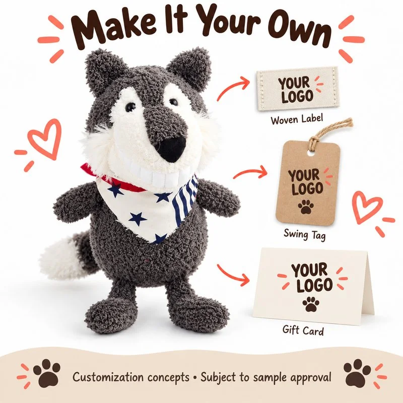 Customization concept for big smile gray wolf plush; feasibility and sample approval required.