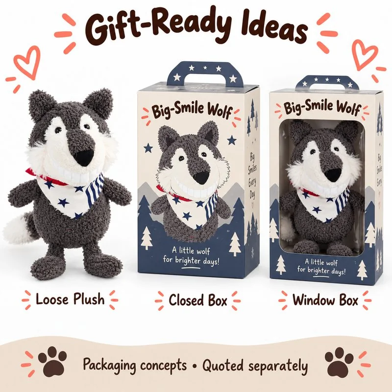 Big Smile Gray Wolf Plush — optional packaging concept; final artwork, fit and quotation require confirmation.