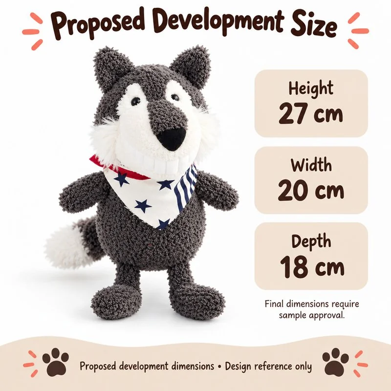 Big Smile Gray Wolf Plush — proposed size reference; dimensions require sample confirmation.