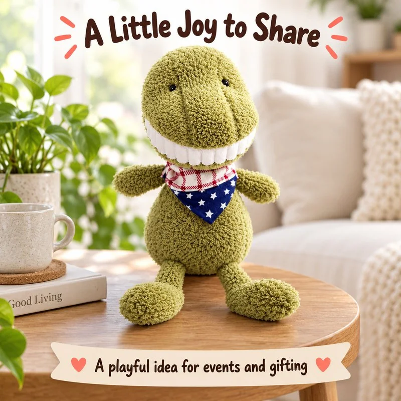 Illustrative application scene featuring big smile green dinosaur plush; setting is a concept.