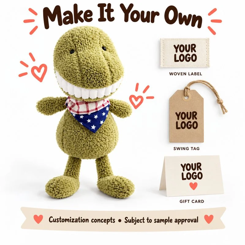 Customization concept for big smile green dinosaur plush; feasibility and sample approval required.