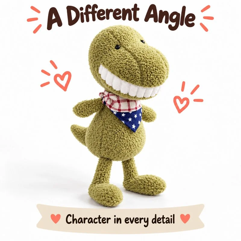 Big Smile Green Dinosaur Plush — additional angle concept.