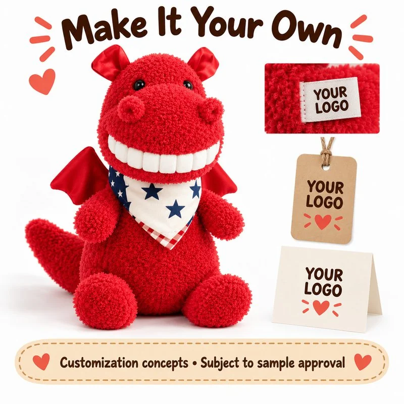 Customization concept for big smile red dragon plush; feasibility and sample approval required.