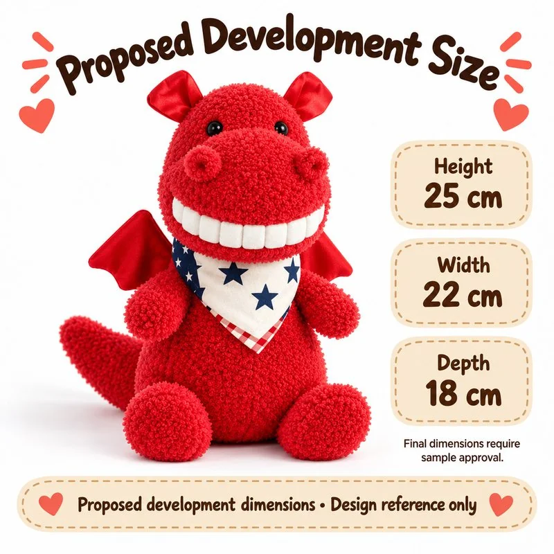 Big Smile Red Dragon Plush — proposed size reference; dimensions require sample confirmation.