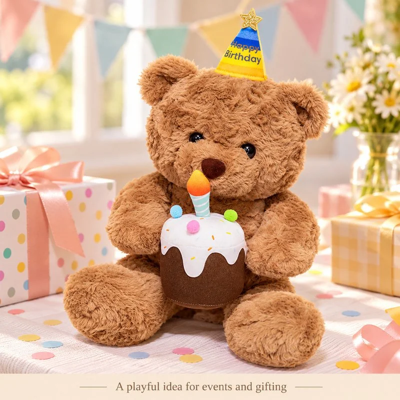 Illustrative application scene featuring birthday cake brown teddy bear plush; setting is a concept.