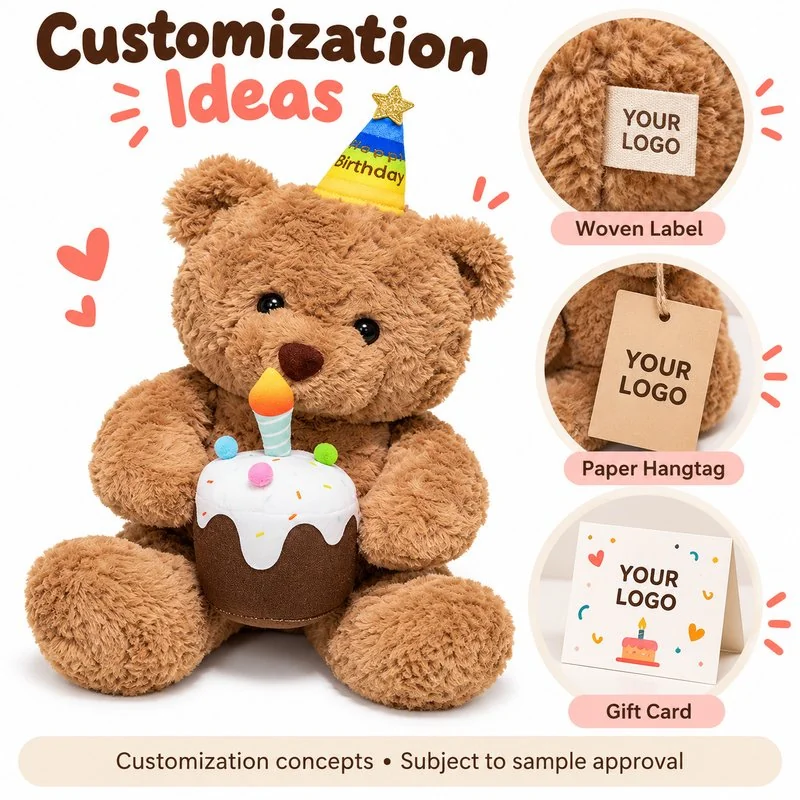 Customization concept for birthday cake brown teddy bear plush; feasibility and sample approval required.