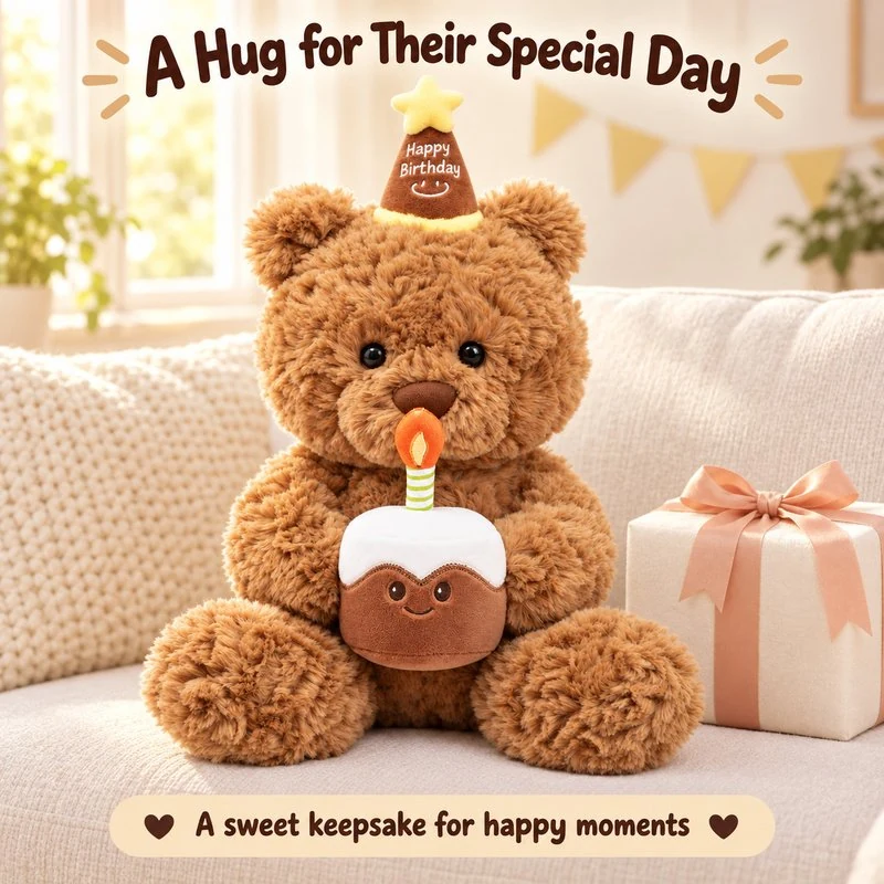 Illustrative application scene featuring birthday cake teddy bear plush; setting is a concept.
