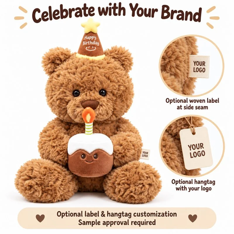Customization concept for birthday cake teddy bear plush; feasibility and sample approval required.