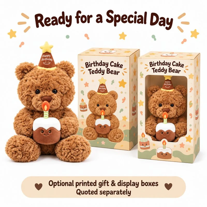 Birthday Cake Teddy Bear Plush — optional packaging concept; final artwork, fit and quotation require confirmation.