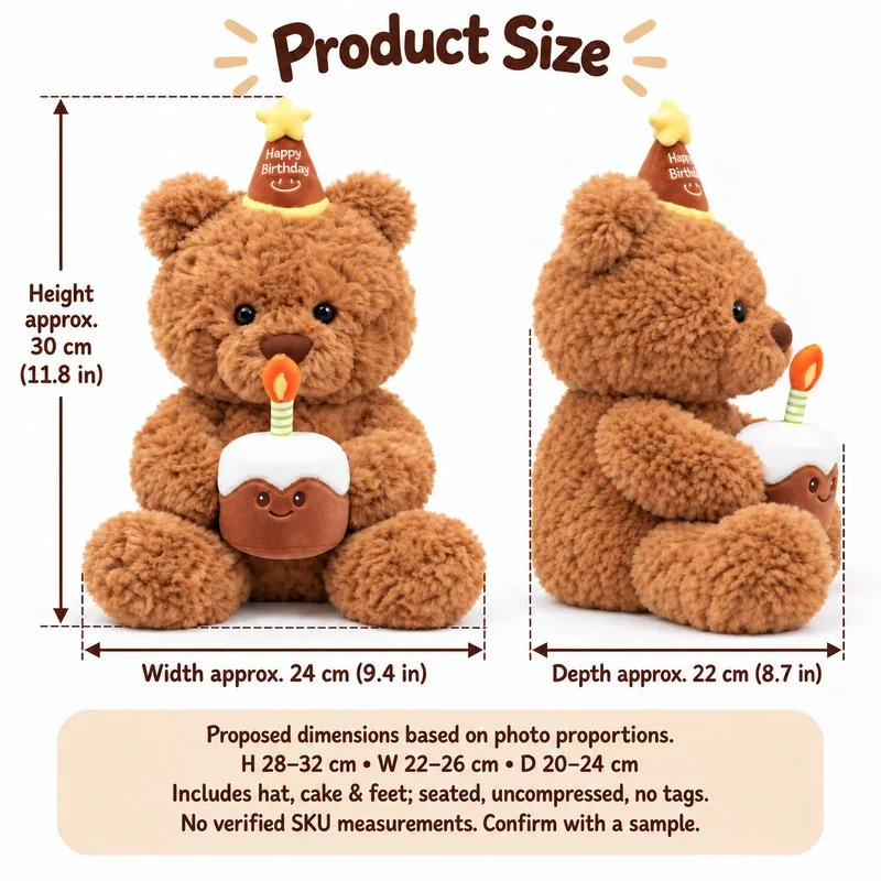 Birthday Cake Teddy Bear Plush — proposed size reference; dimensions require sample confirmation.