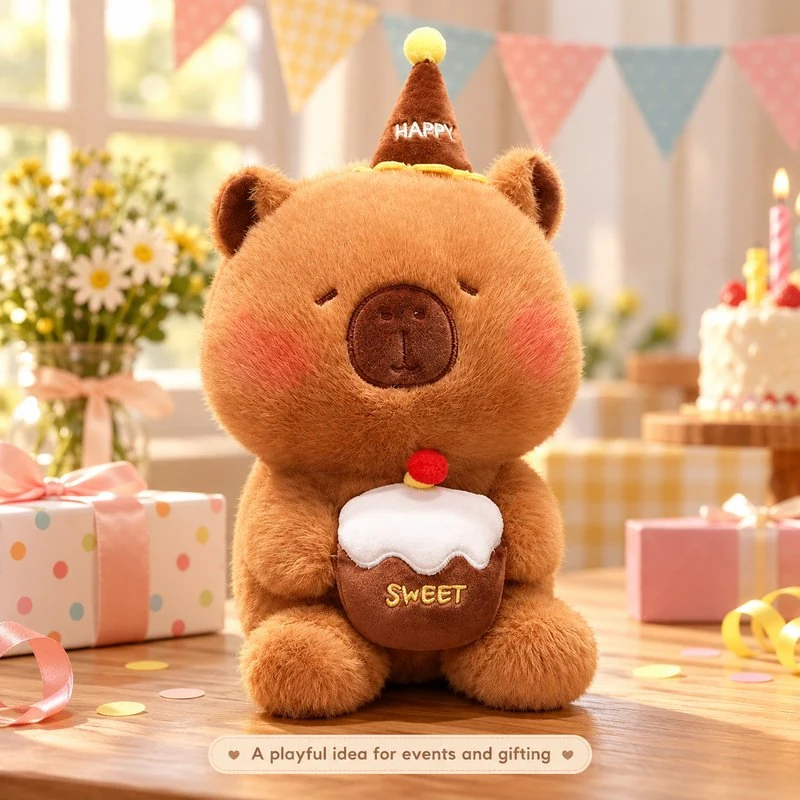 Illustrative application scene featuring birthday cupcake capybara plush; setting is a concept.