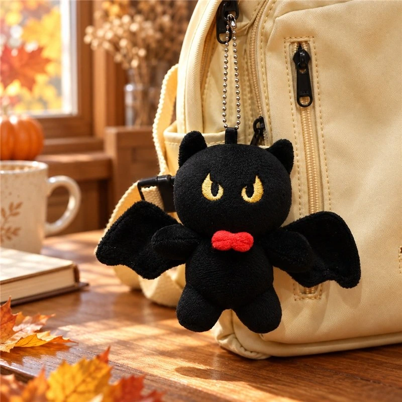 Illustrative application scene featuring black bat plush bag charm; setting is a concept.