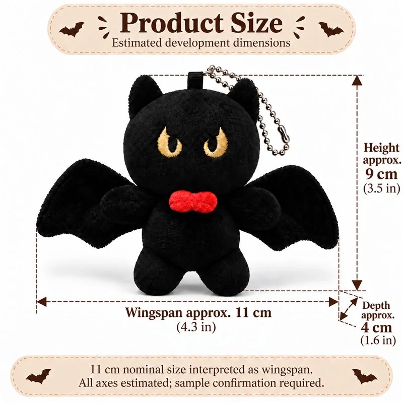 Black Bat Plush Bag Charm — proposed size reference; dimensions require sample confirmation.
