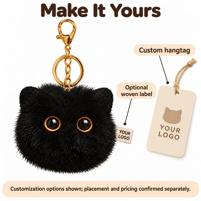 Customization concept for black cat face plush keychain; feasibility and sample approval required.