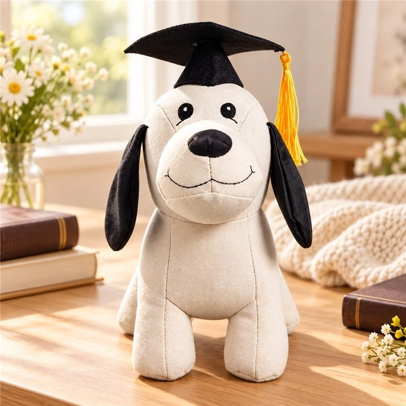 Illustrative application scene featuring black ear graduation dog plush; setting is a concept.