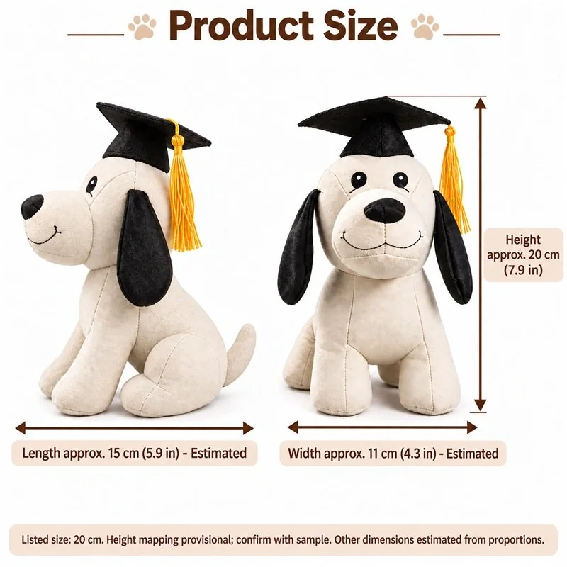 Black Ear Graduation Dog Plush — proposed size reference; dimensions require sample confirmation.