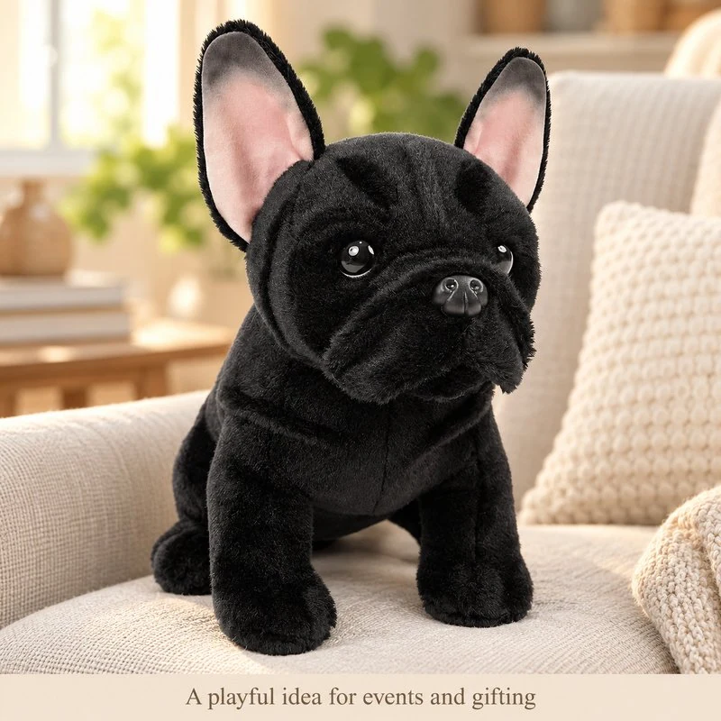 Illustrative application scene featuring black french bulldog plush; setting is a concept.