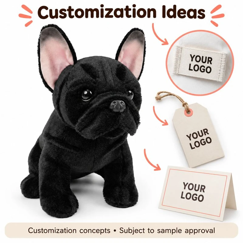 Customization concept for black french bulldog plush; feasibility and sample approval required.