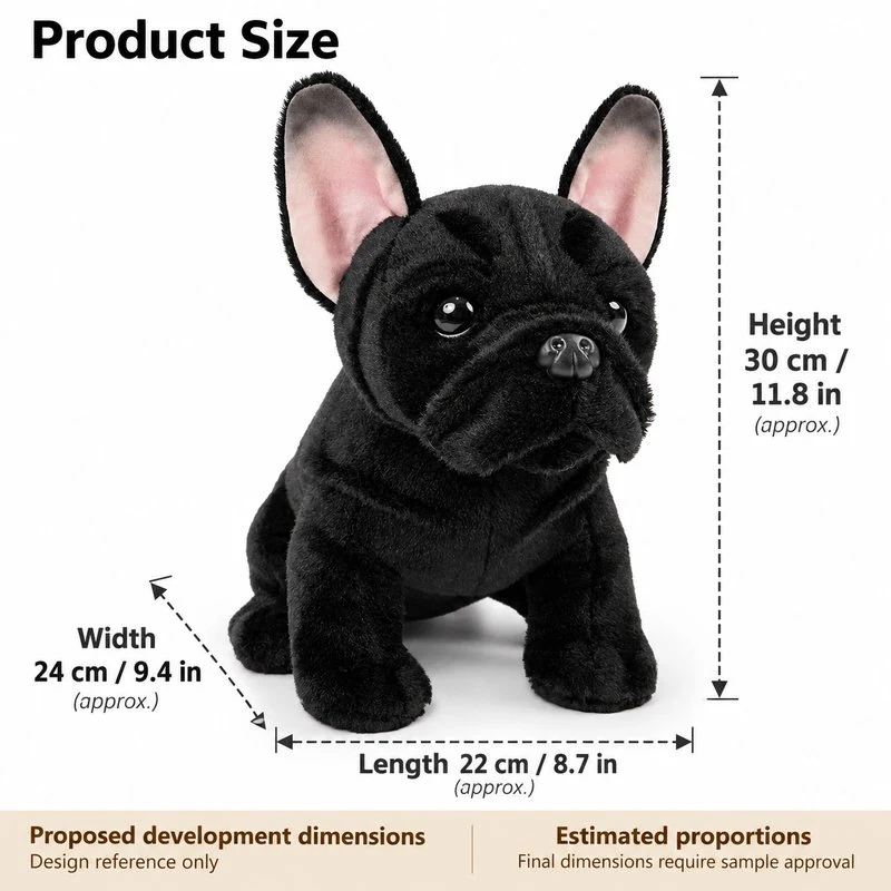 Black French Bulldog Plush — proposed dimensions — confirm with sample