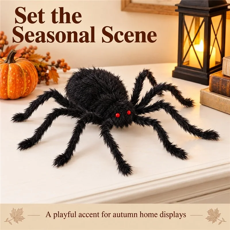 Illustrative application scene featuring black furry halloween spider decoration; setting is a concept.