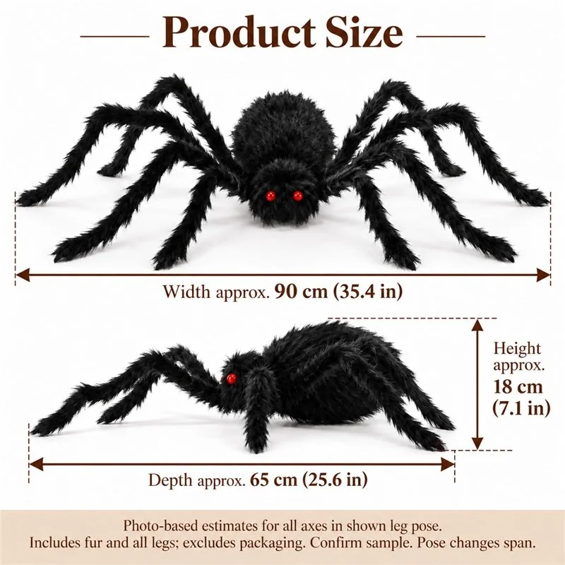 Black Furry Halloween Spider Decoration — proposed size reference; dimensions require sample confirmation.