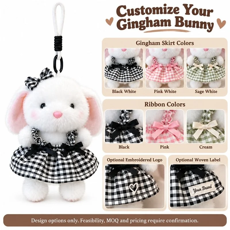 Customization concept for black gingham bunny plush charm; feasibility and sample approval required.