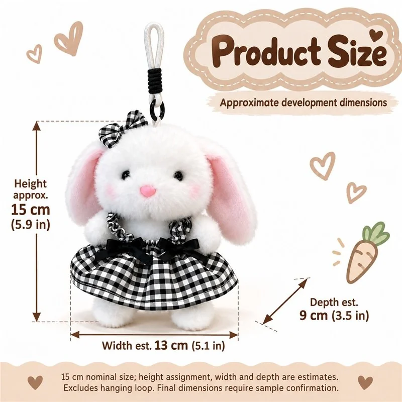 Black Gingham Bunny Plush Charm — proposed size reference; dimensions require sample confirmation.