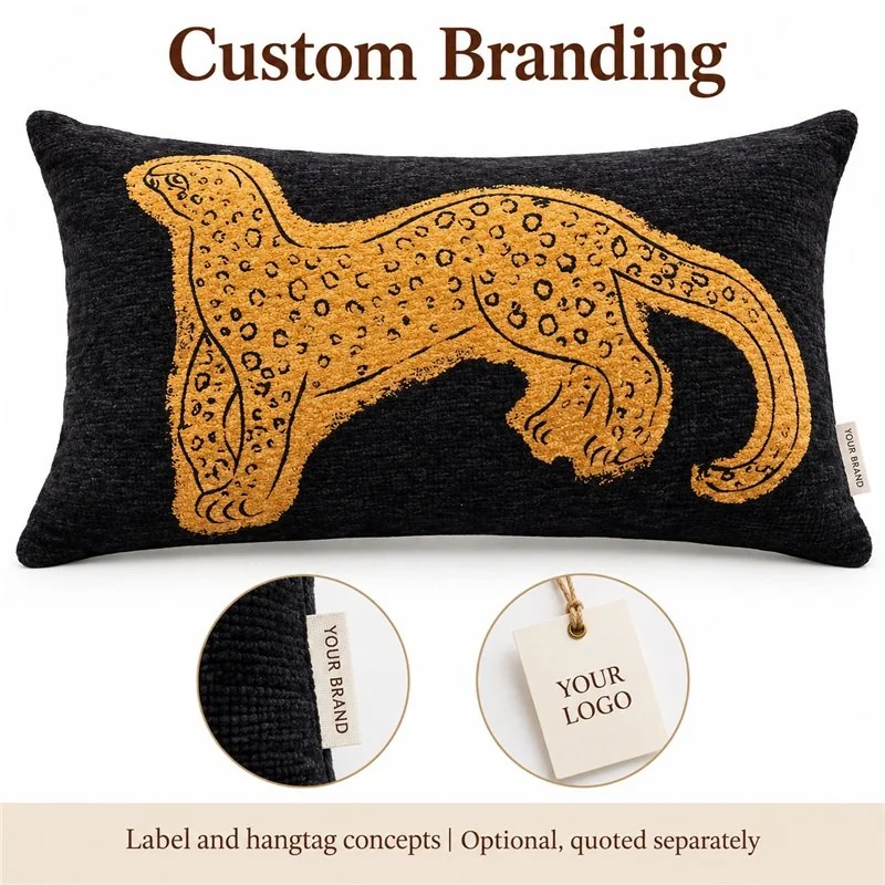 Customization concept for black gold leopard rectangular cushion; feasibility and sample approval required.