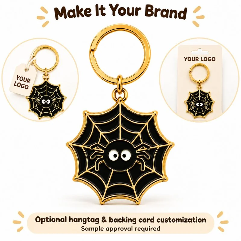 Customization concept for black gold spider web keyring; feasibility and sample approval required.