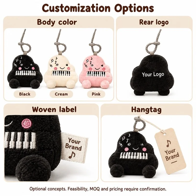 Customization concept for black grand piano plush bag charm; feasibility and sample approval required.
