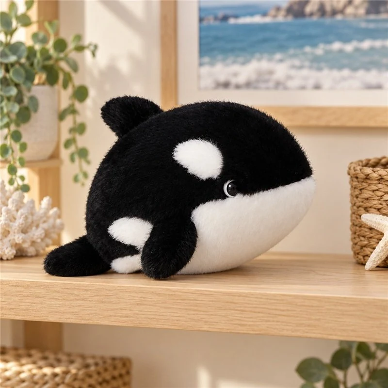 Illustrative application scene featuring black orca plush; setting is a concept.