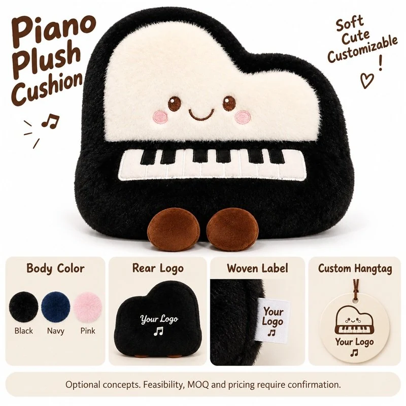 Customization concept for black piano shaped plush cushion; feasibility and sample approval required.