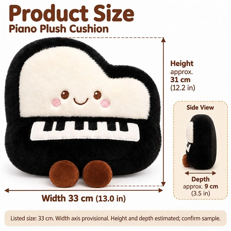 Black Piano Shaped Plush Cushion — proposed size reference; dimensions require sample confirmation.