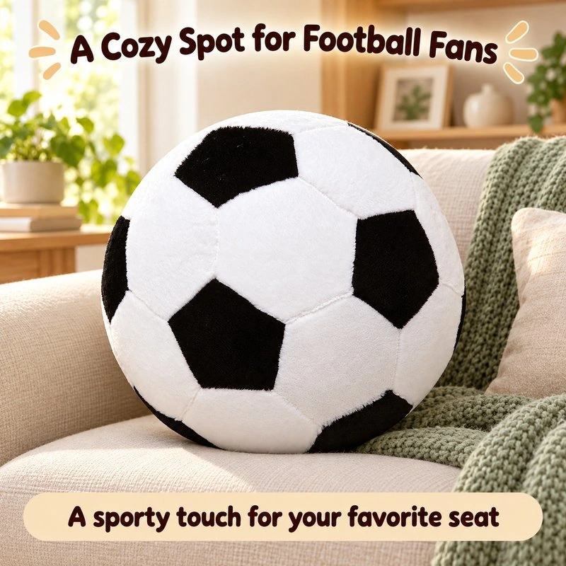 Illustrative application scene featuring black white soccer ball plush cushion; setting is a concept.