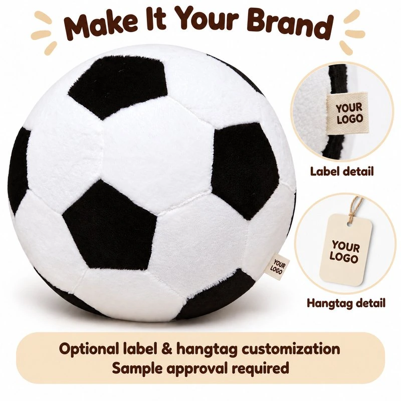 Customization concept for black white soccer ball plush cushion; feasibility and sample approval required.