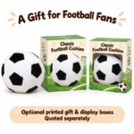 Black White Soccer Ball Plush Cushion — optional packaging concept; final artwork, fit and quotation require confirmation.