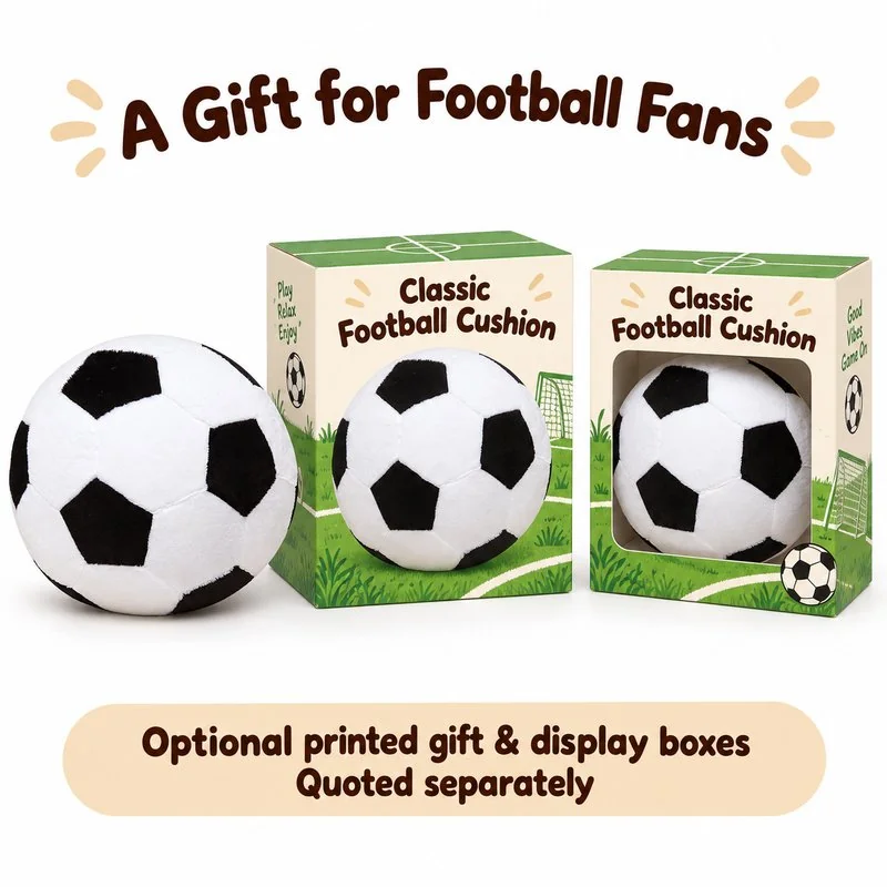 Black White Soccer Ball Plush Cushion — optional packaging concept; final artwork, fit and quotation require confirmation.