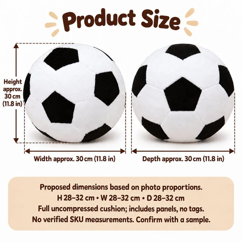 Black White Soccer Ball Plush Cushion — proposed size reference; dimensions require sample confirmation.