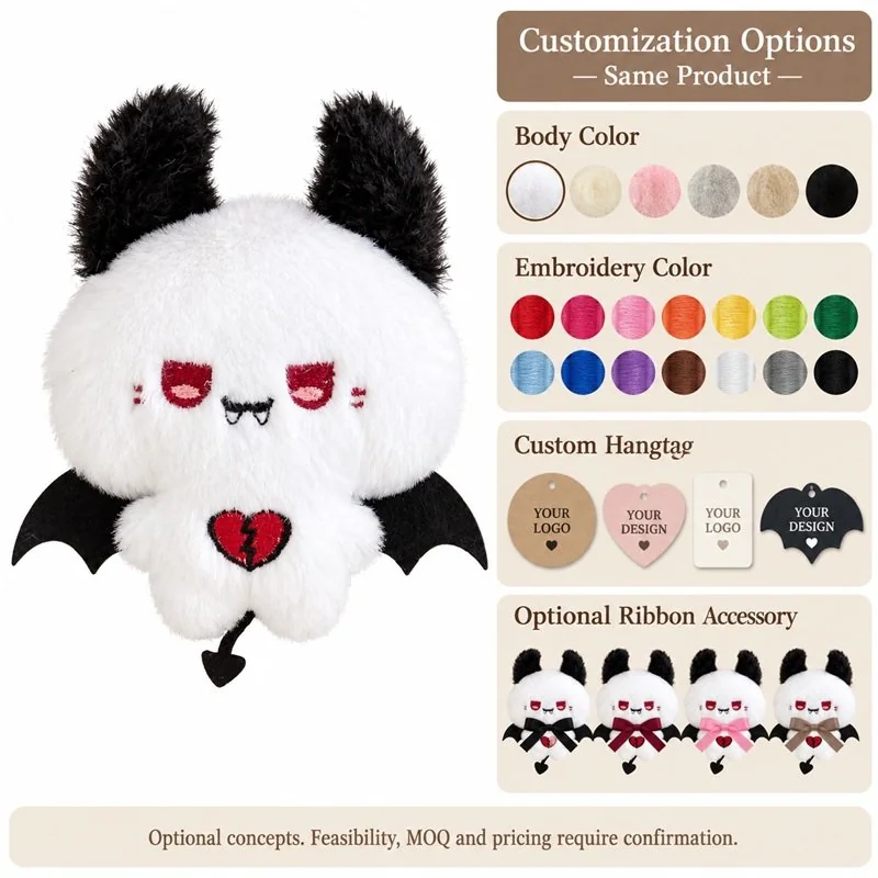 Customization concept for black white vampire bat plush charm; feasibility and sample approval required.