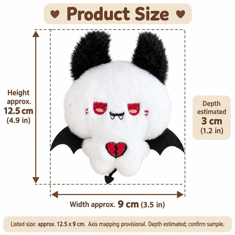 Black White Vampire Bat Plush Charm — proposed size reference; dimensions require sample confirmation.