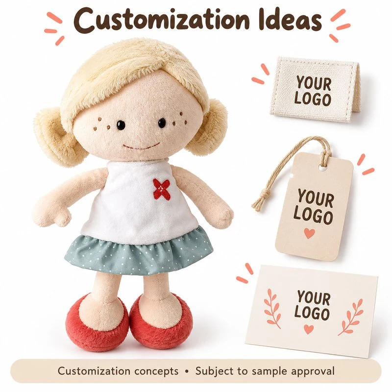 Customization concept for blonde girl teal skirt rag doll; feasibility and sample approval required.