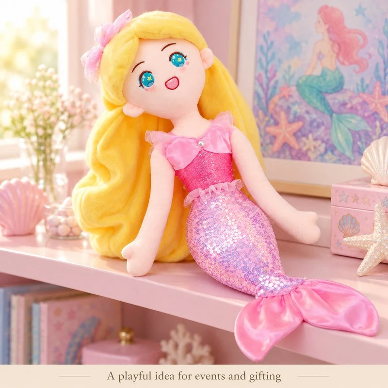 Illustrative application scene featuring blonde pink sequin mermaid plush; setting is a concept.