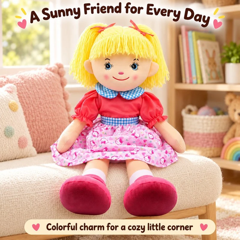 Illustrative application scene featuring blonde yarn hair floral cloth doll; setting is a concept.